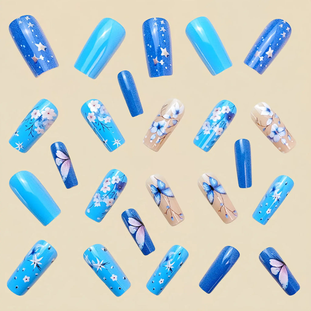 Medium fake nails for women Nude blue colors with flowers butterfly printing Square nail tips full cover press on false nail art