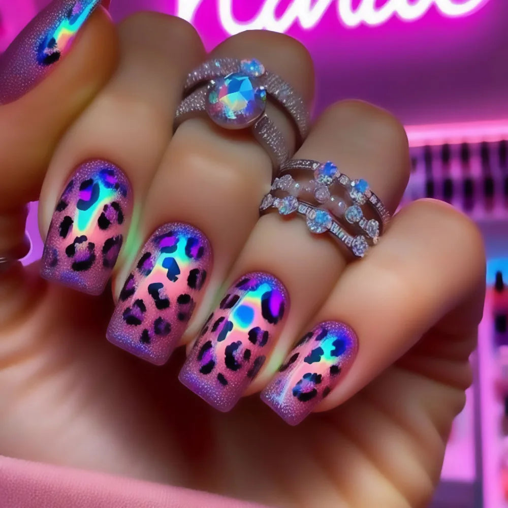 Purple Pink Blue Leopard Flame Y2K Press-On Nails – Square Ballet, Short/Medium/Long