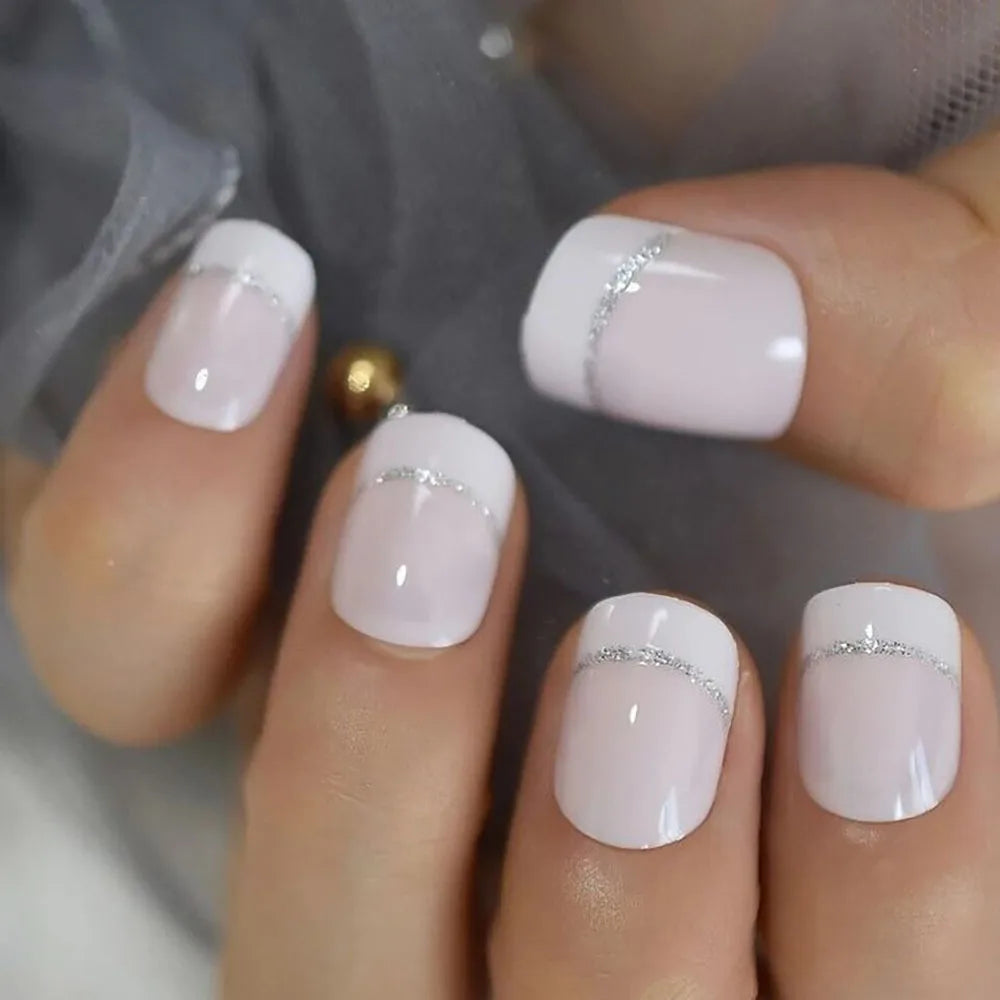24pcs/set Short Square fake nails for women girls nude white tip with glitter strips french Minimalist style press on false nail