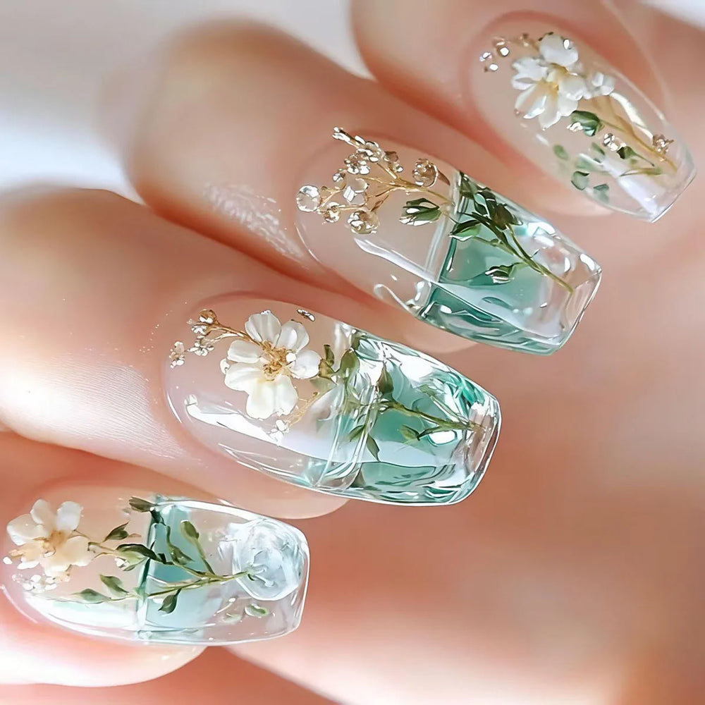 Half Clear Green & White Flower Press-On Nails – Square, 24 Pcs