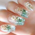 24pcs/set fake nails for women girls Half clear square nail tips gradient green white flowers full cover press on false nail