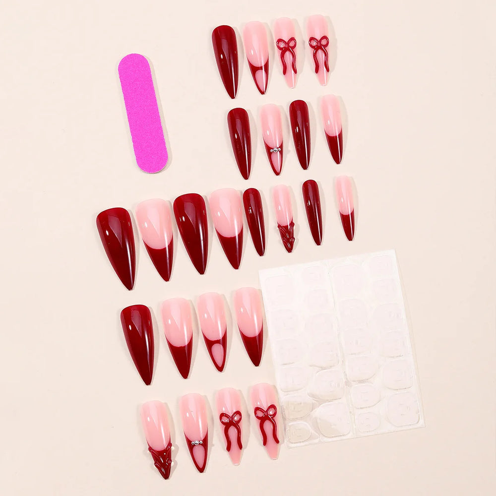 3D Embossed Bow Gradient Press-On Nails – Blue Yellow Pink Red, Long Waterdrop