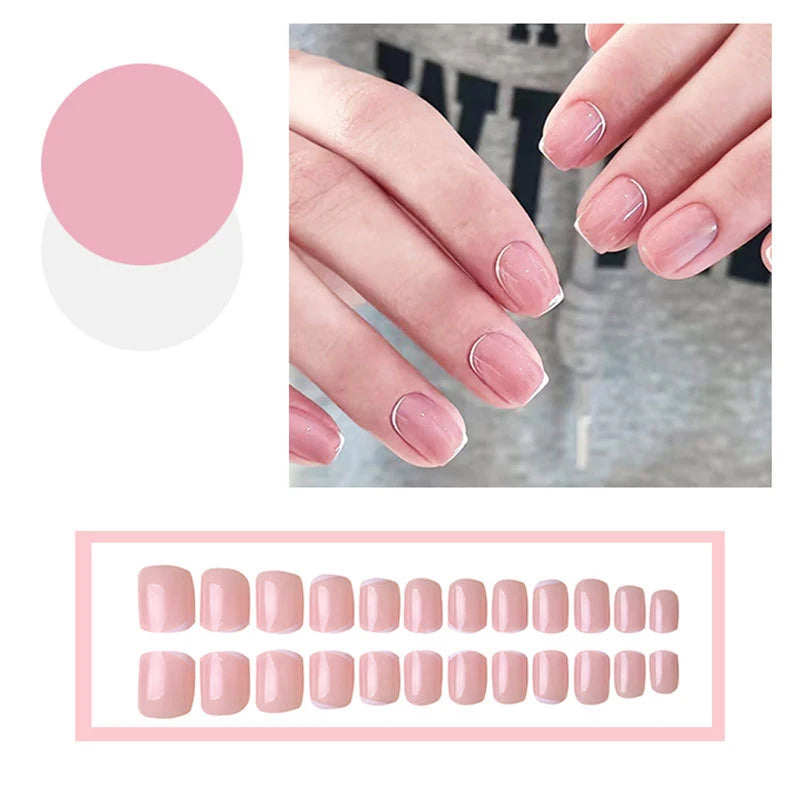 Medium fake nails for women girls Nude square nail tips with white strips printing full cover reusable press on false nail art