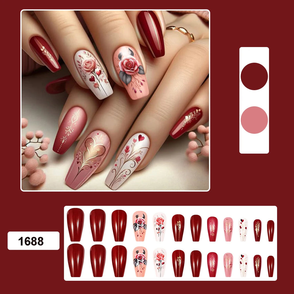 Medium long fake nails for Valentine's Day Pink red golden rose flowers heart angel ballet nail tips press on false nail set
