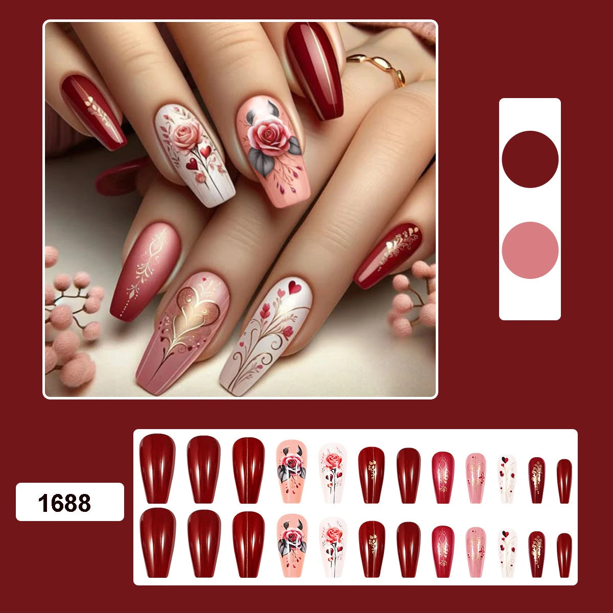 Medium long fake nails for Valentine's Day Pink red golden rose flowers heart angel ballet nail tips press on false nail set