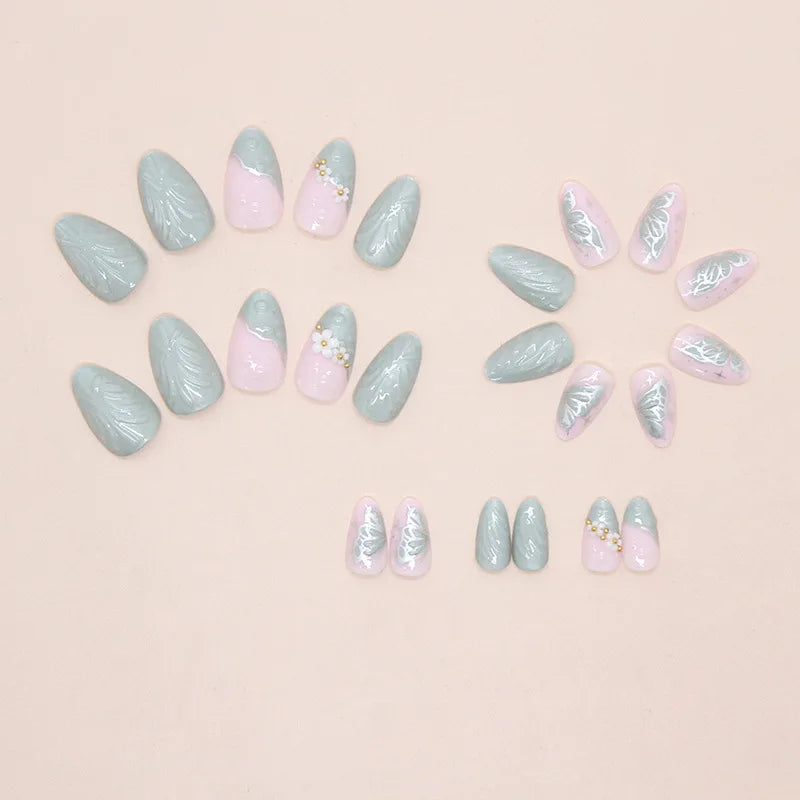 Short fake nails  for women nude green almond nail tips with 3D white flowers design full cover reusable press on false nail