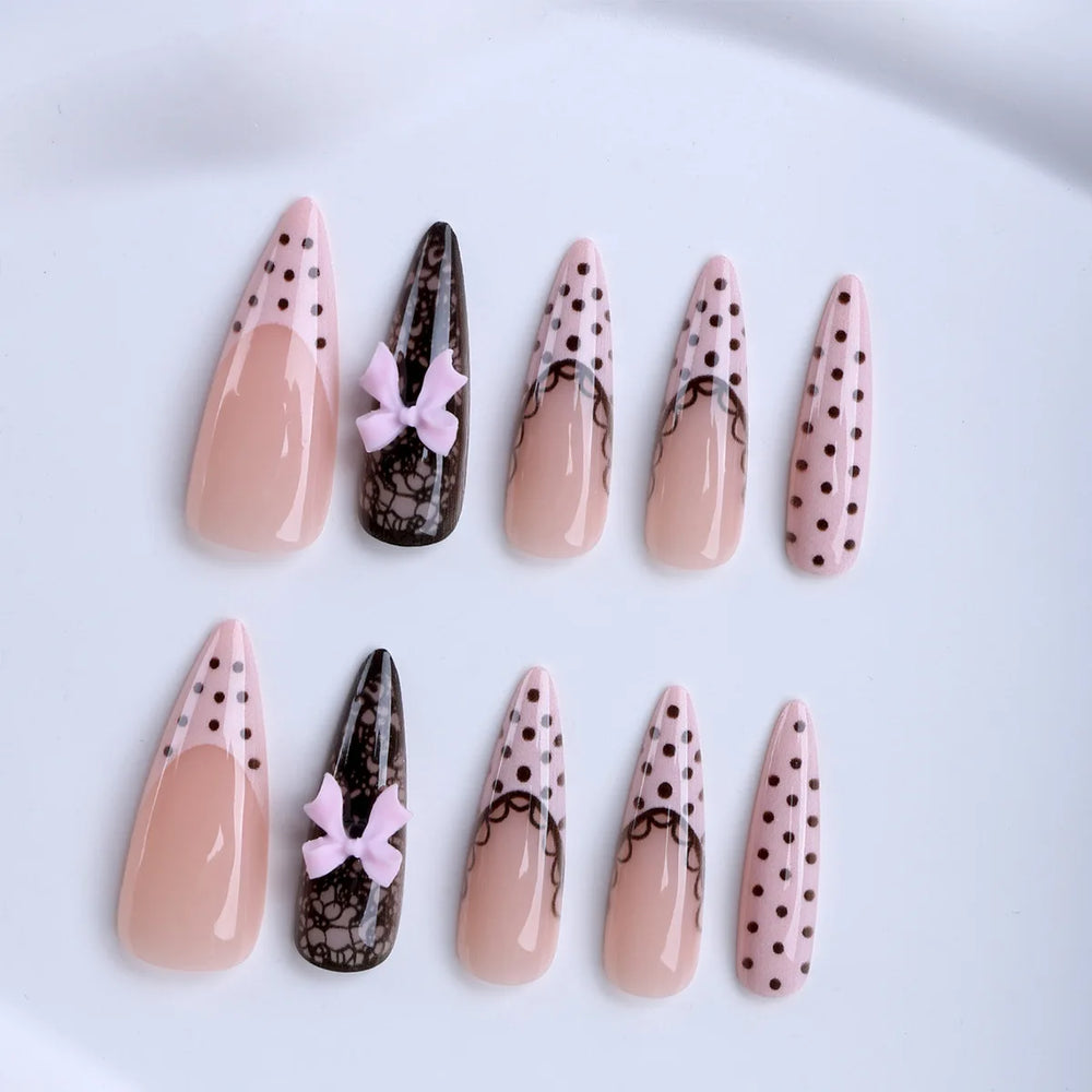 Black Polka Dot Lace 3D Bow Press-On Nails – Almond, 24 Pcs