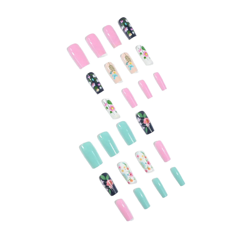 Pink Green Gradient Spring Flower Press-On Nails – Medium