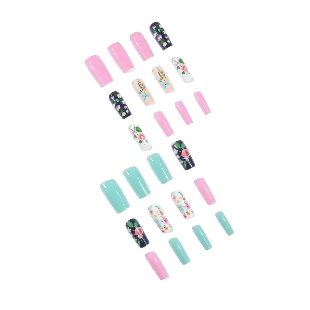 Medium fake nails for women gilrs Gradient pink green with flowers design for Spring summer full cover press on acrylic nail