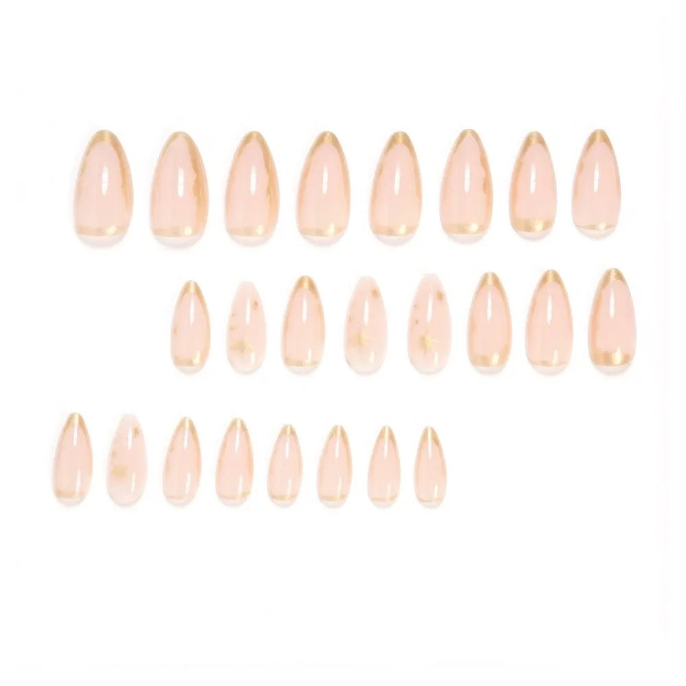 24pcs/set Nude Fake Nails with Golden Frame Star Print Full Cover Almond Shape Nail Tips Reusable Press on Artificial Nails Art