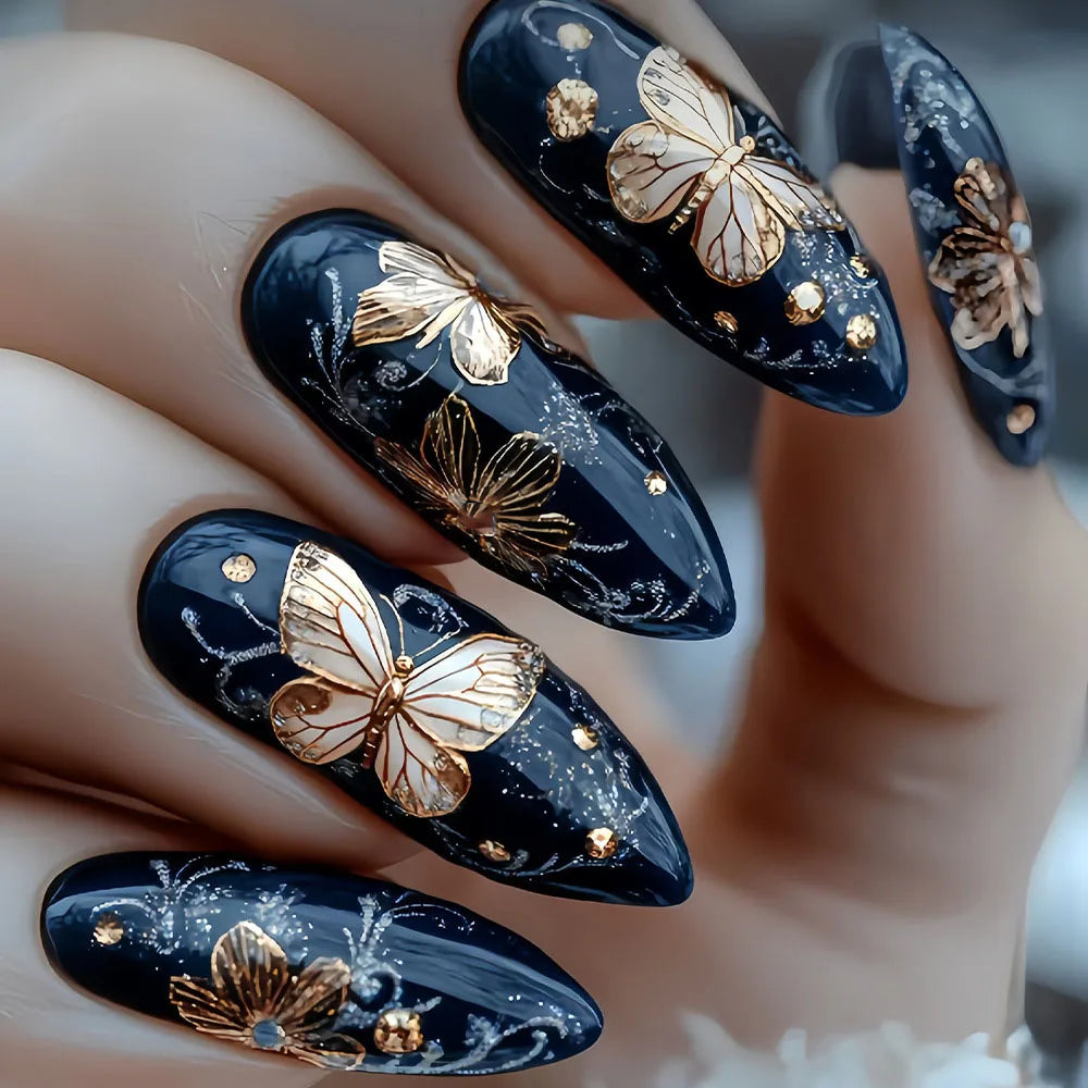 24pcs/set fake nails Glossy Navy Black almond nail tips with golden white flowers butterfly polka dots press on false nails art