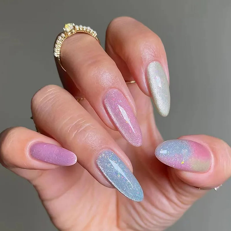 Medium long fake nails for women girls pink blue cat eyes glossy shimmer ballet almond nail tips full cover press on false nail