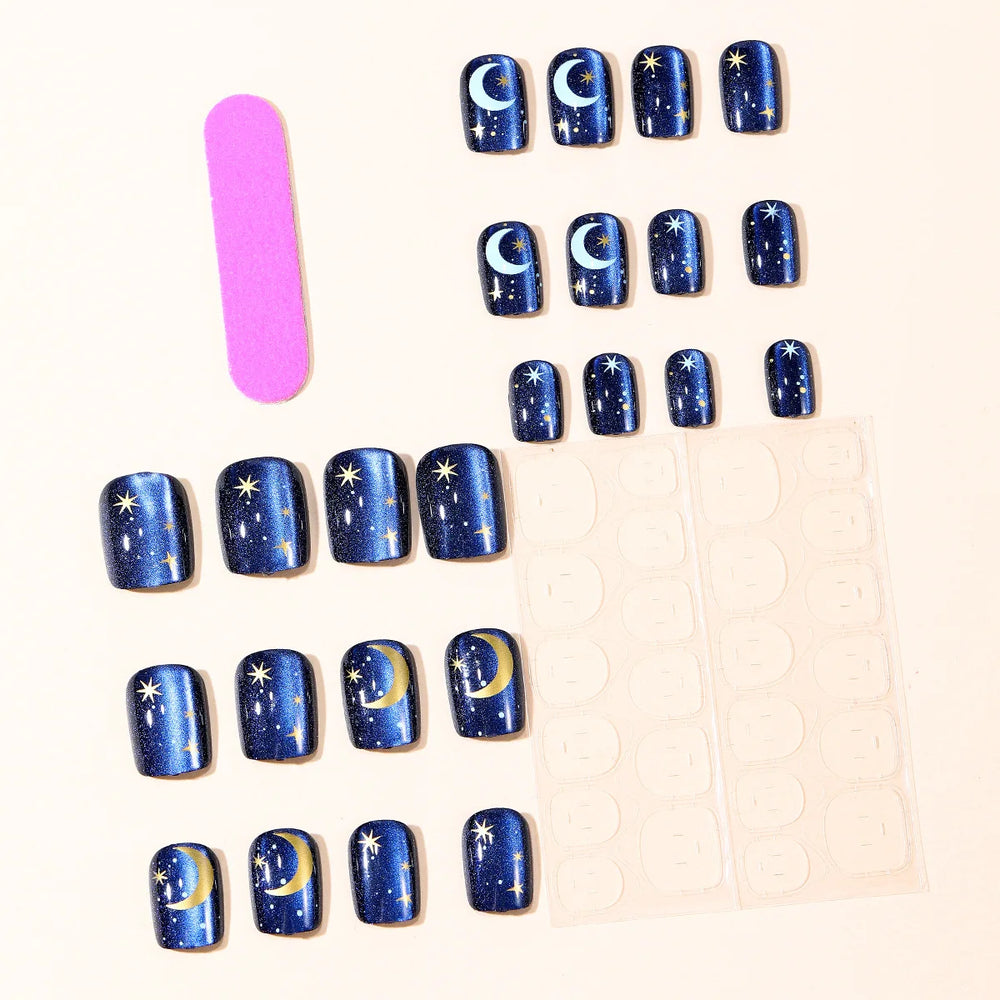Moon & Star Starry Cat-Eye Gradient Press-On Nails – Short Square, 24 Pcs