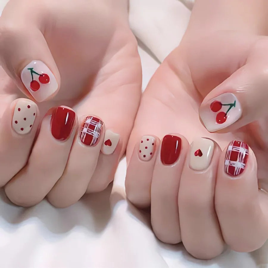 Short Square fake nails for women girls nude red colors with polka dots or cherry heart french style press on false nail art