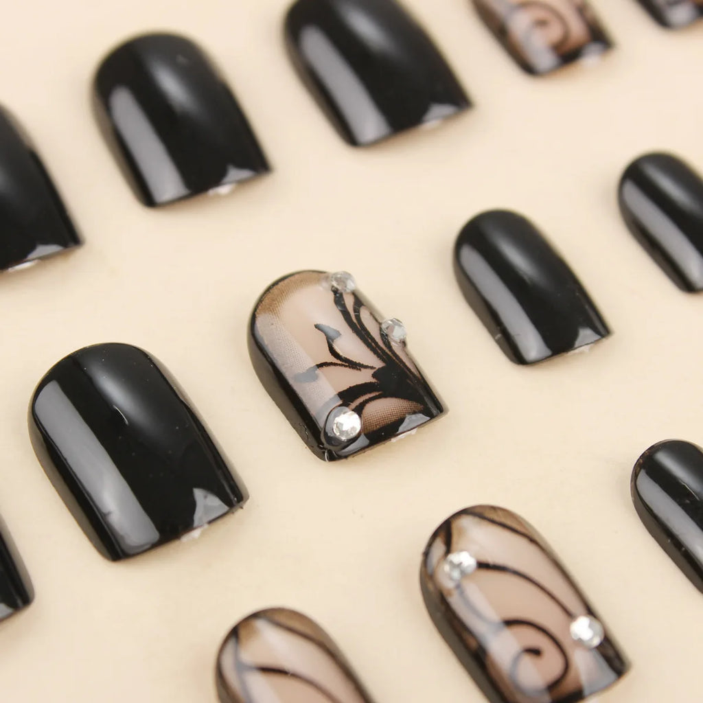 Short Medium fake nails for women gilrs black red flowers strips design full cover square ballet tips press on false nail art