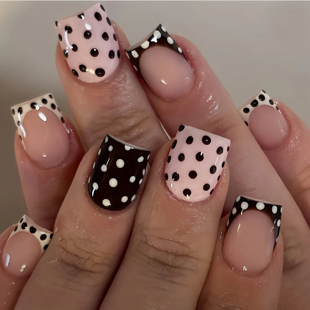 Short Square fake nails for women girls cute pink black white colors fashion polka dots design french style press on false nail