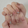 Short Medium fake nails for women girls french blue light green heart with sparking glitters for Valentine's Day press on nail
