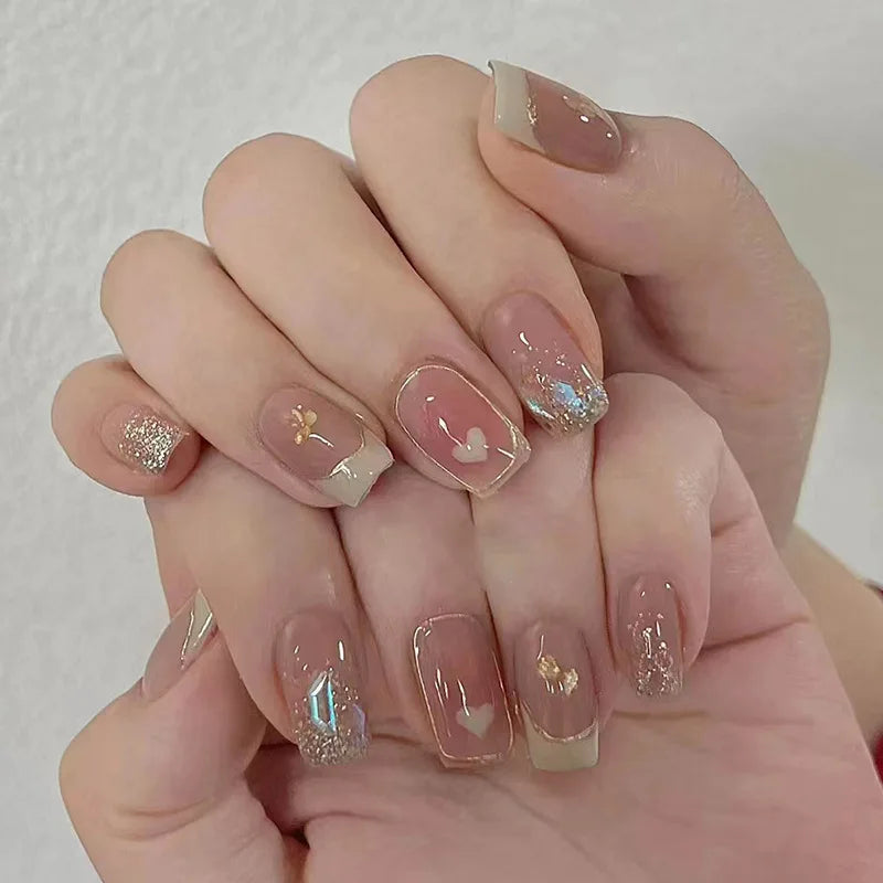 Short Medium fake nails for women girls french blue light green heart with sparking glitters for Valentine's Day press on nail