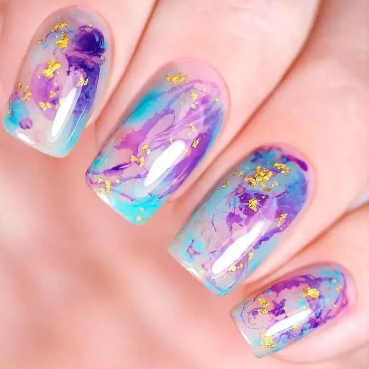 24pcs/set Medium Long Fake Nails for Summer Autumn Winter Gradient Purple Blue Starry Sky Sunset Flower Y2K Press On False Nails