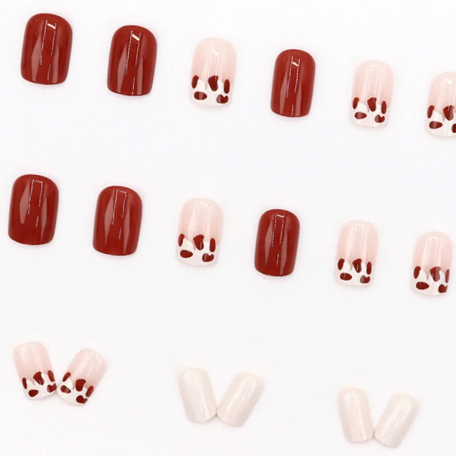 Short square fake nails for women girls nude red nail tips with red white Milk graffiti print full cover press on false nail set