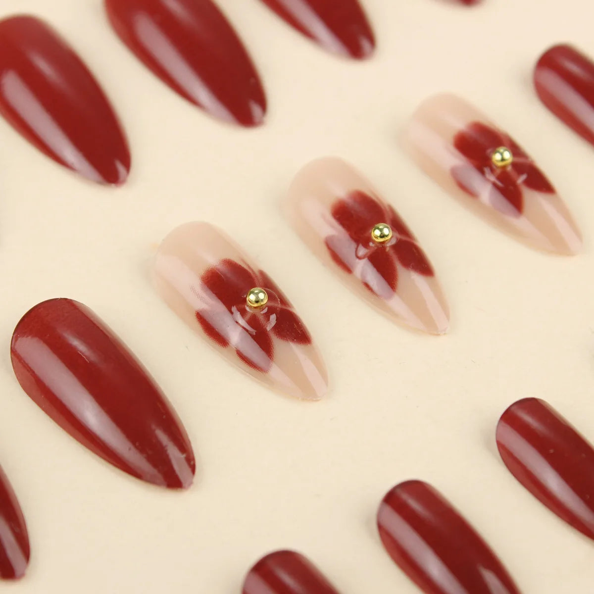Medium fake nails for women girls dark red wine red glossy almond ballet nail tips with flowers design full cover press on nail