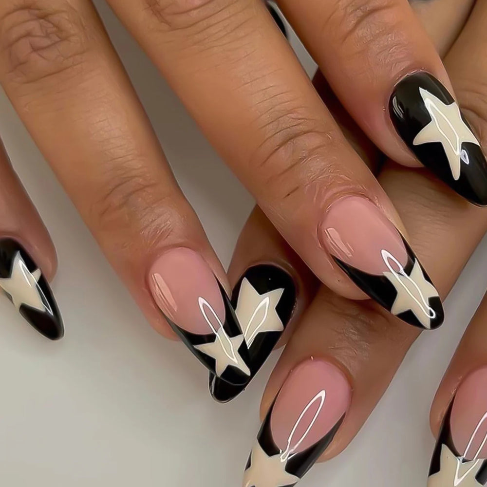 Y2K Black Ombre Star & Moon Press-On Nails – Medium Square, 24 Pcs