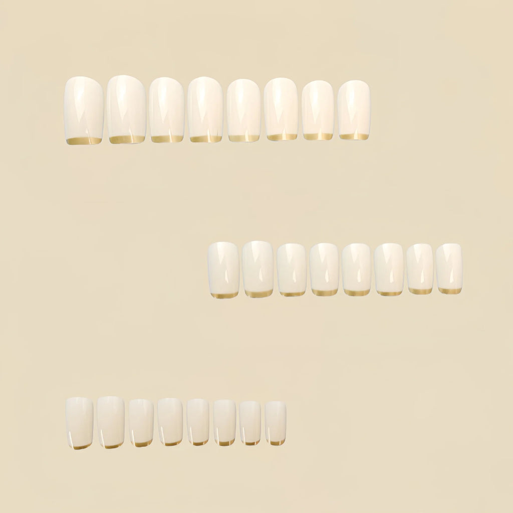 Medium fake nails for women Beige creamy white square nail tips with golden edge strips french style press on false nail art