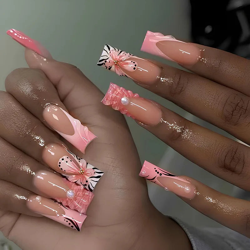 Medium long fake nails for women gilrs 3D flowers with leopard print gradietn pink nude square almond nail tips press on nails