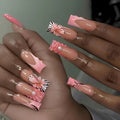 Medium long fake nails for women gilrs 3D flowers with leopard print gradietn pink nude square almond nail tips press on nails
