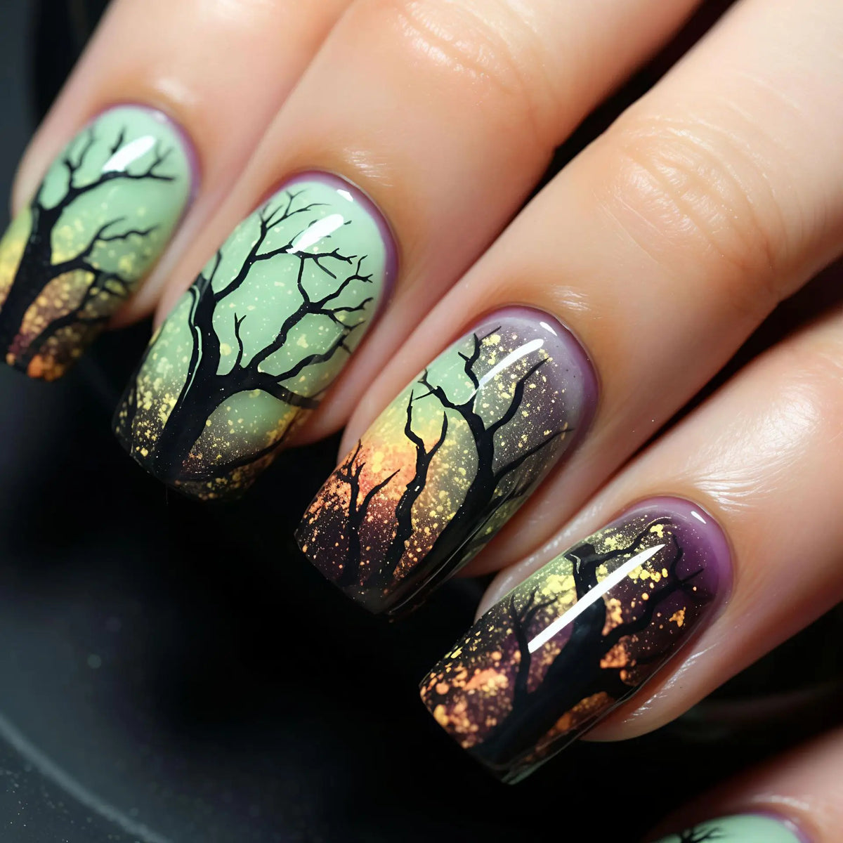 Medium square fake nails for women Gradient yellow green mysterious forest for Halloween Full cover press on acrylic false nail