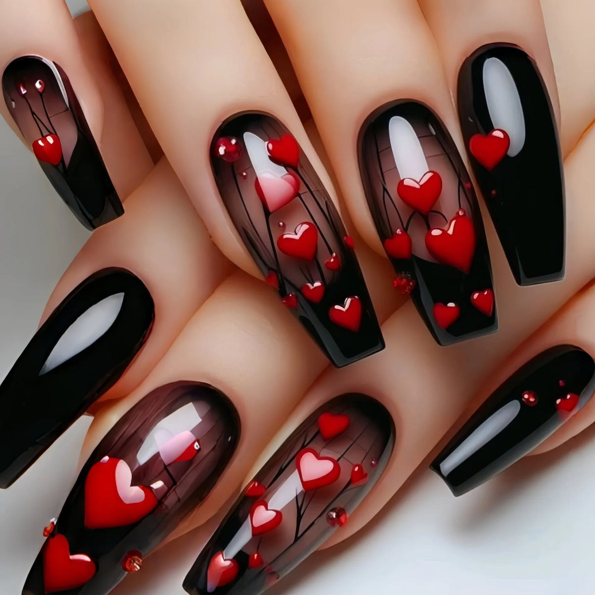 Medium long fake nails for women girls black red heart designs for Valentine's Day ballet almond nail tips press on false nail