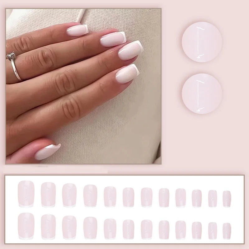 Short Medium fake nails for women gilr light pink white rose french Square nail tips full cover press on acrylic false nail art