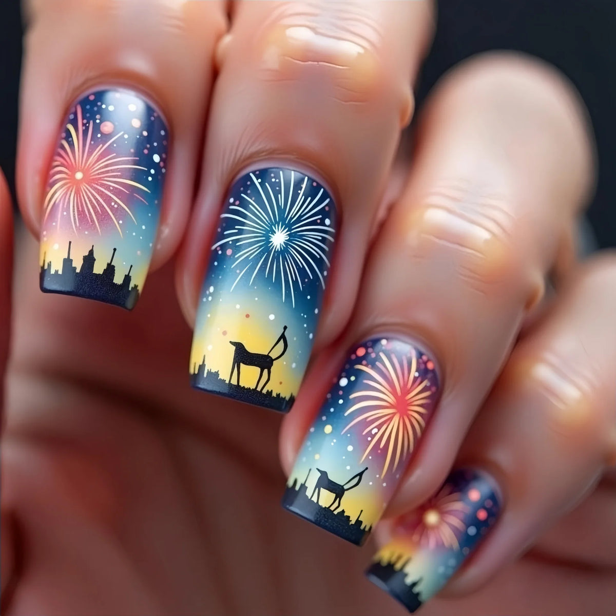 Medium Square fake nails for women girls gradient pink purple blue firework design for New year french tips press on false nail