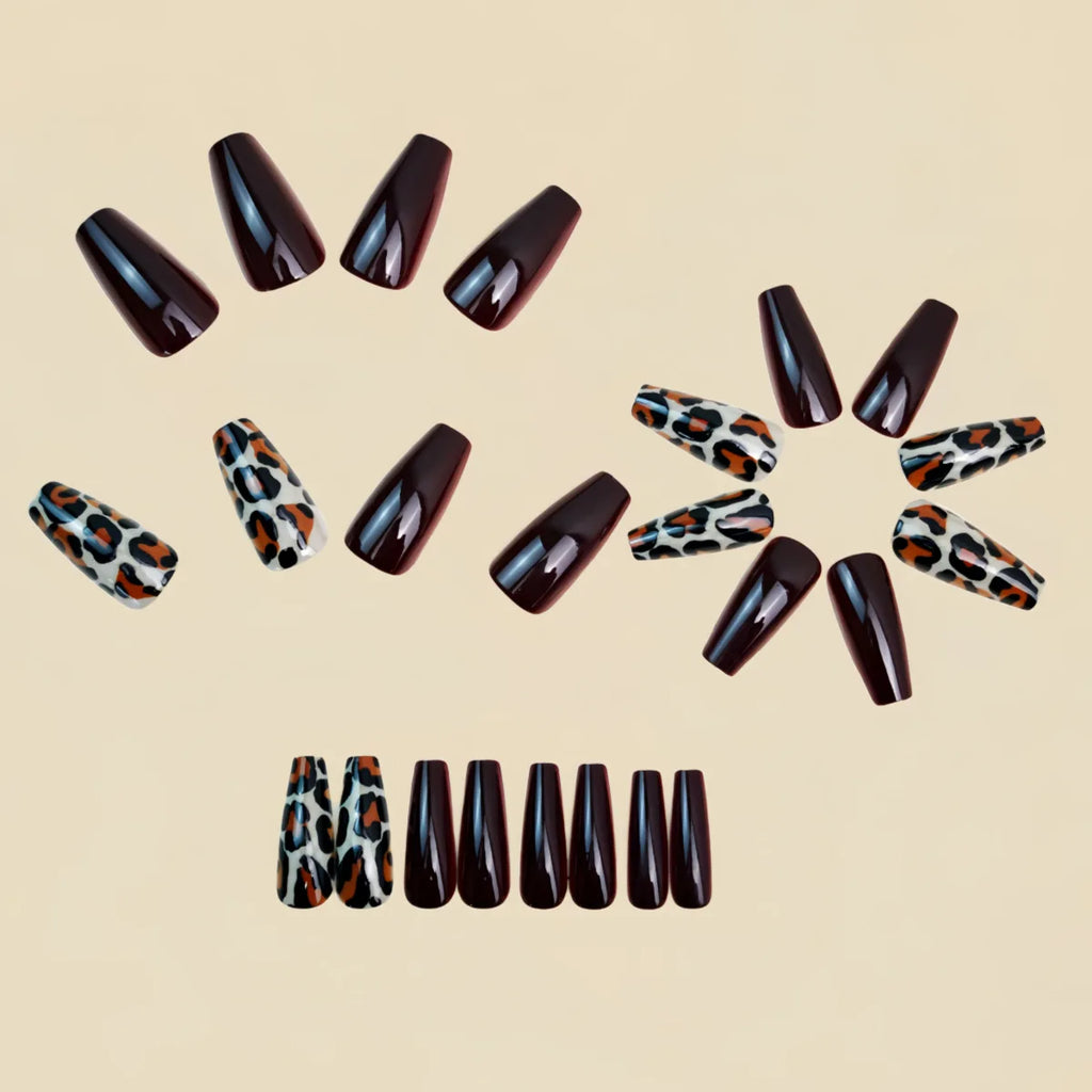 Medium long fake nails for women girls brown black brown leopard printing french Square ballet nail tips press on false nail art