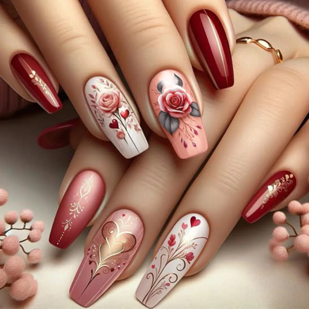 Medium long fake nails for Valentine's Day Pink red golden rose flowers heart angel ballet nail tips press on false nail set