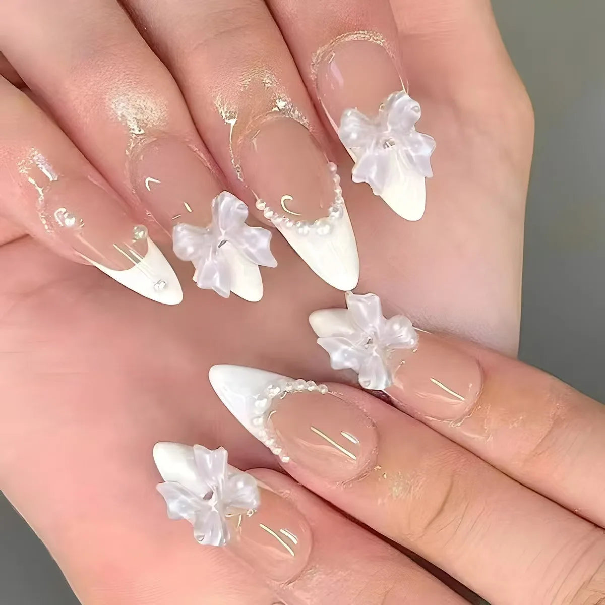 3D fake nails for women gilrs French minimalist bow pearl blue flowers design Nude white almond nail tips press on false nail