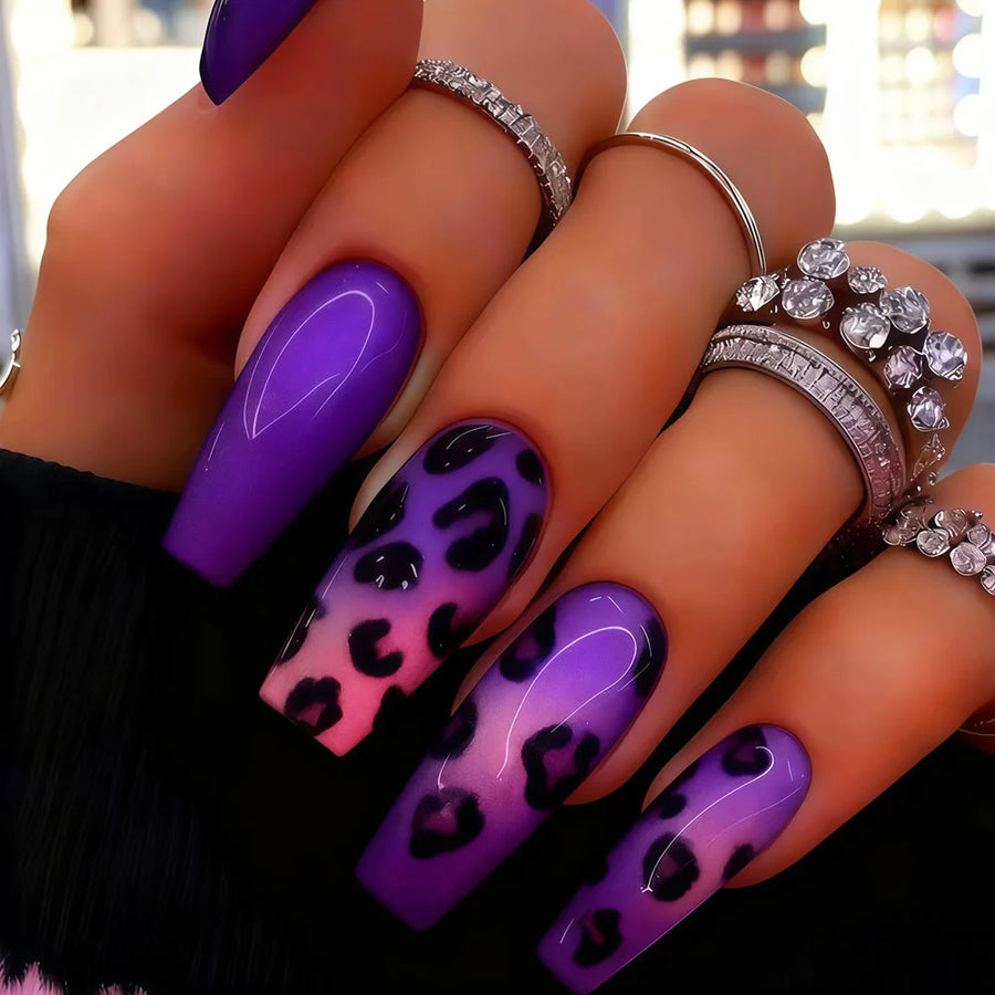 Purple Blue Green Red Leopard Gradient Press-On Nails – Medium Square Almond, 24 Pcs