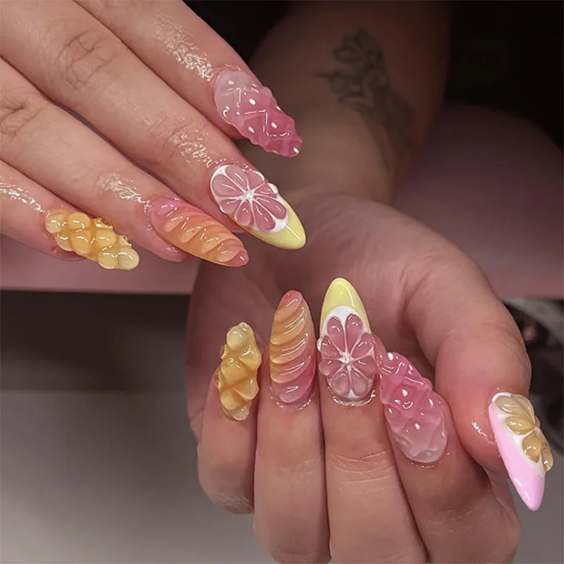 Tropical Hibiscus & Butterfly French Press-On Nails – Almond, 24 Pcs