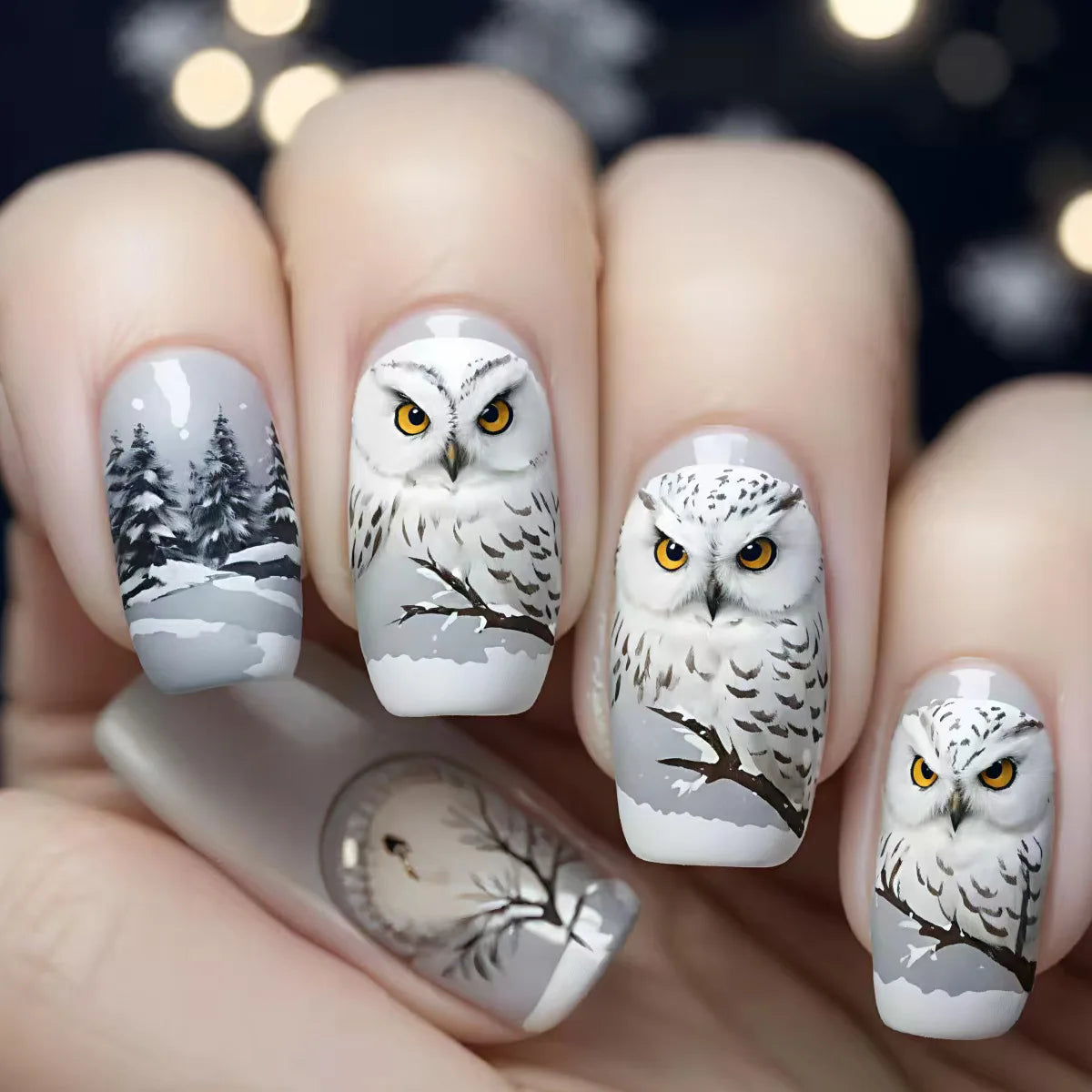 Medium Square almond fake nails for Christmas party Winter forest snowflakes Santa Claus Santa Claus design press on false nail