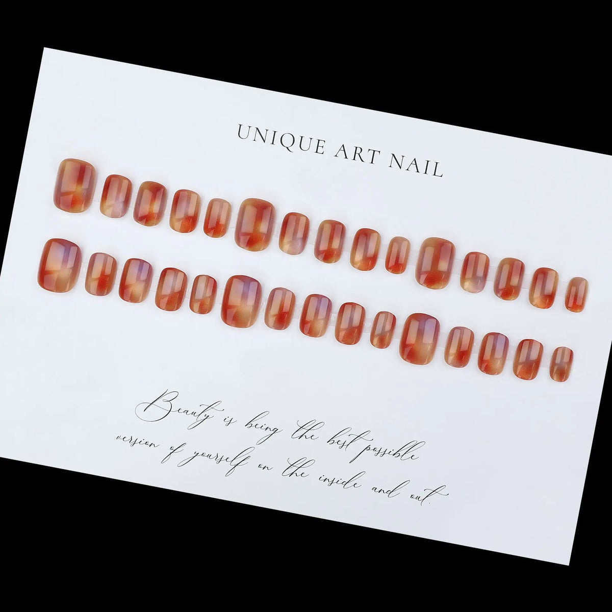 Short Square Cat Eye fake Nail Tips Red Wine Yellow Brown Gradient Press-On false Nails for Women girls full Covers Nail set