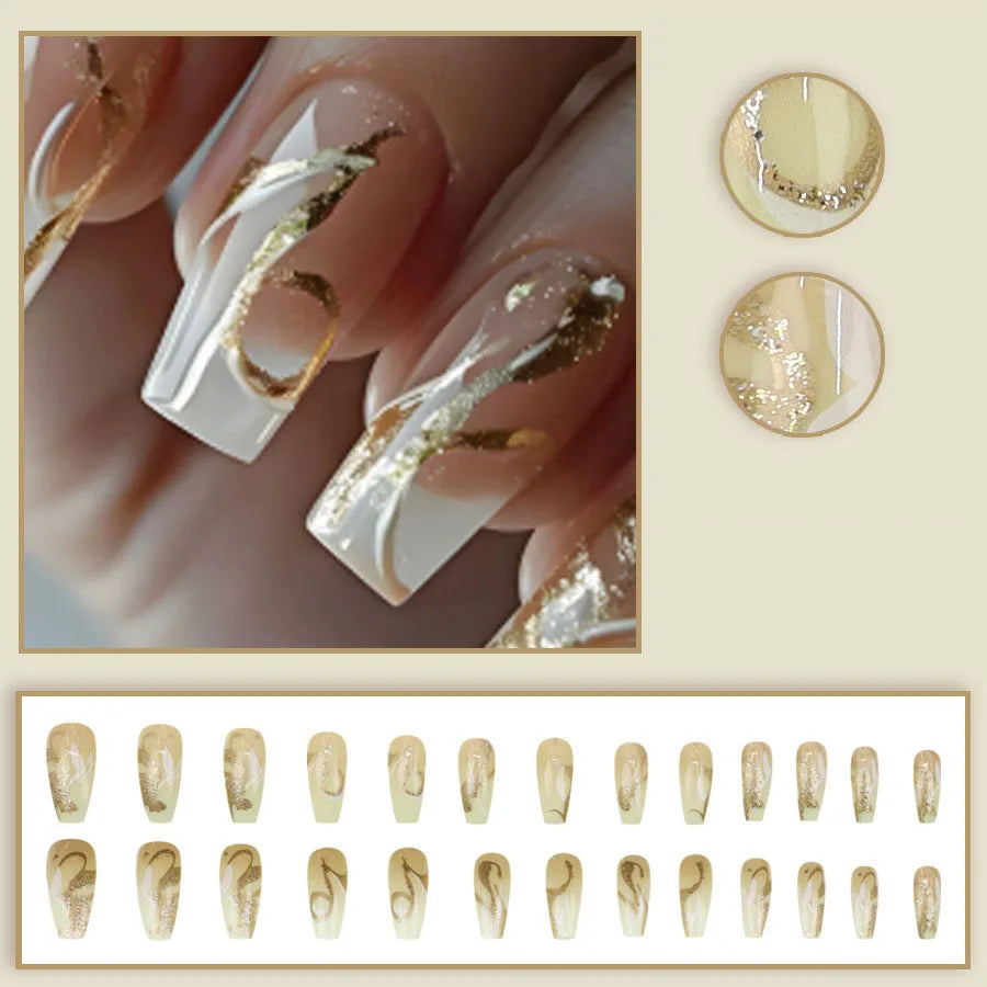 Medium long fake nails for women girls gradient black red beige nail art tips with glitters and strips press on false nail art