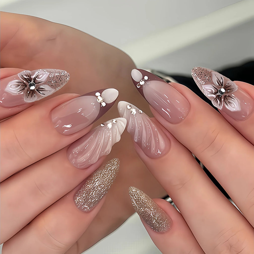 3D fake nails for women girls gradient grey nude brown shimmer almond nail tips flowers rhinestones design press on false nail
