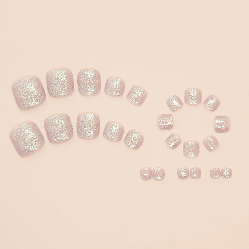 Short Square Fake Nails for Toe Purple Pink Beige Colors with Sparkling Glitters Spring Summer Season Press On False Toenail