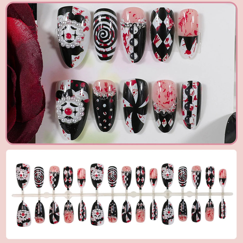 Dark Clown Spiral Halloween Press-On Nails – Almond, 30 Pcs