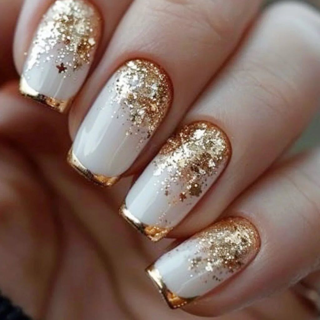 Medium Square fake nails for women girls white pink nail tips with golden silver sparkling glitters frame design press on nail