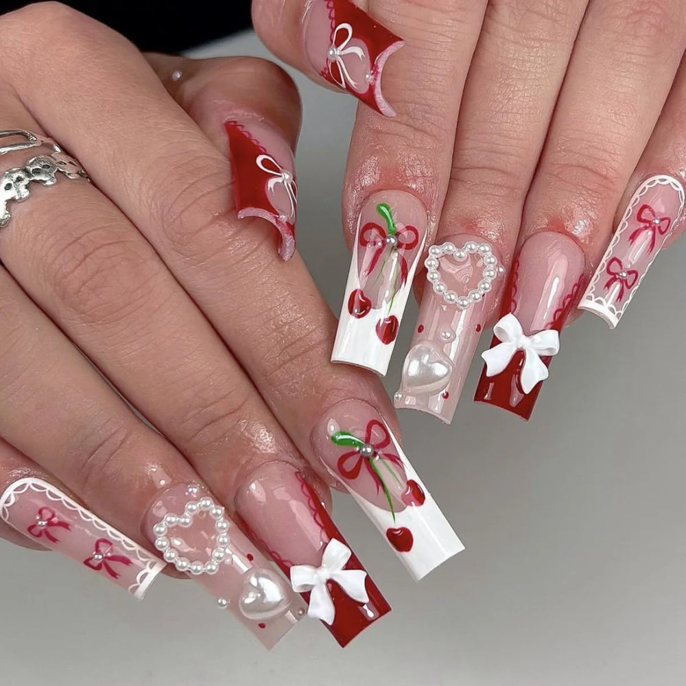Nude Pink 3D Bow French Press-On Nails – Long Square, 24 Pcs