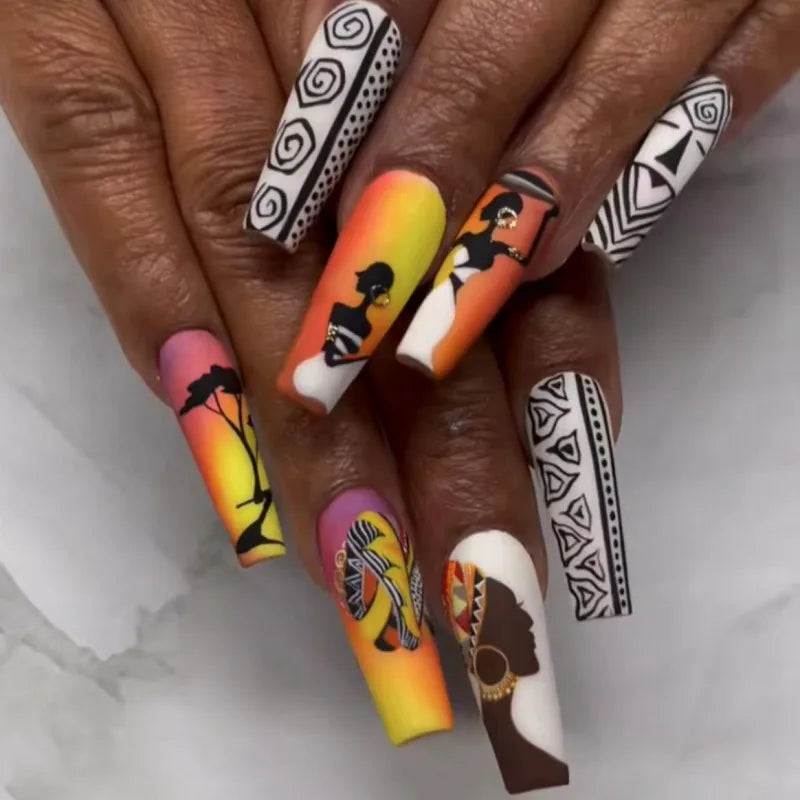 Medium long fake nails for women cartoon girls strawberry sunset y2K ballet shape full cover nail tips press on false nail art