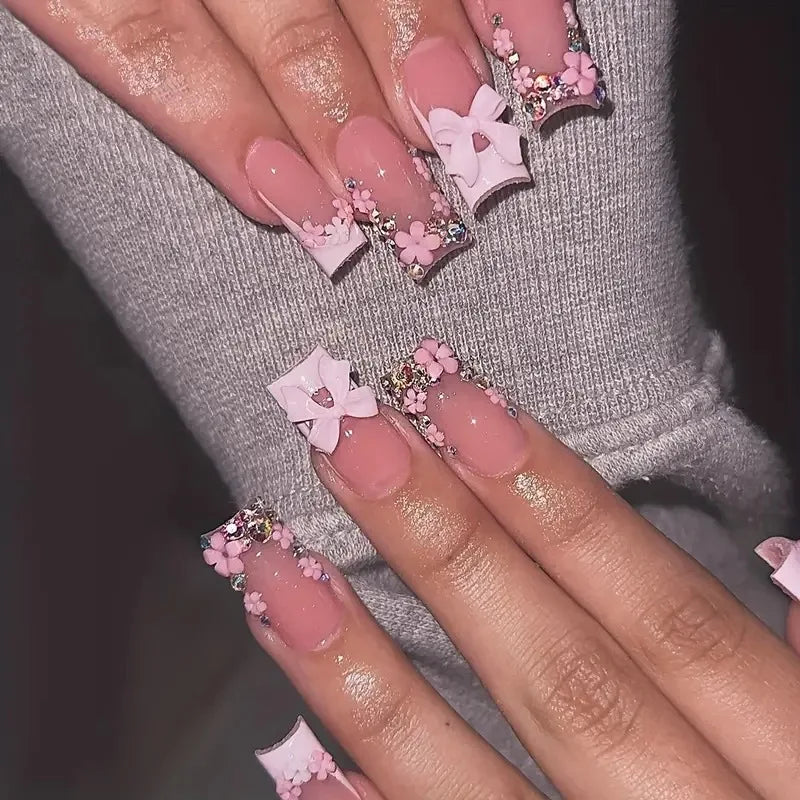 Nude Pink 3D Bow French Press-On Nails – Long Square, 24 Pcs