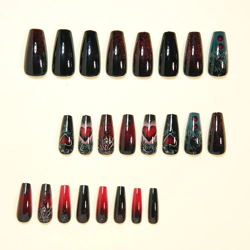 Medium fake nail for women gradient black red heart design for Valentine's Day ballet almond tips press on false nail art set