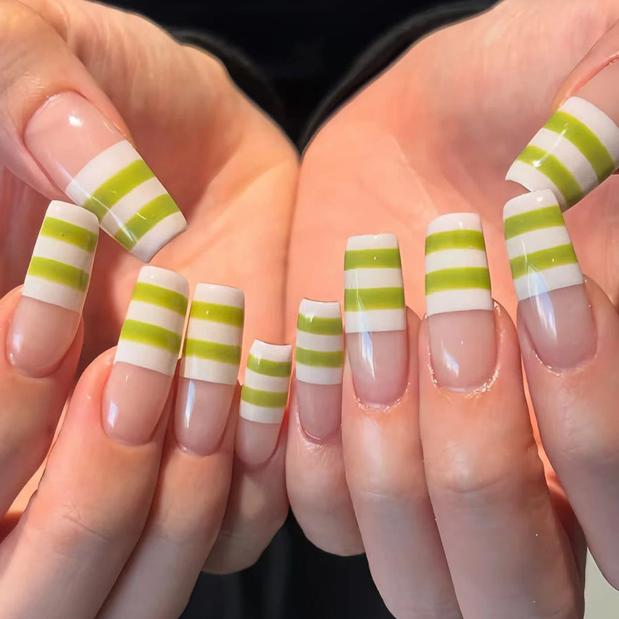 White & Green Stripe French Press-On Nails – Long Square, 24 Pcs
